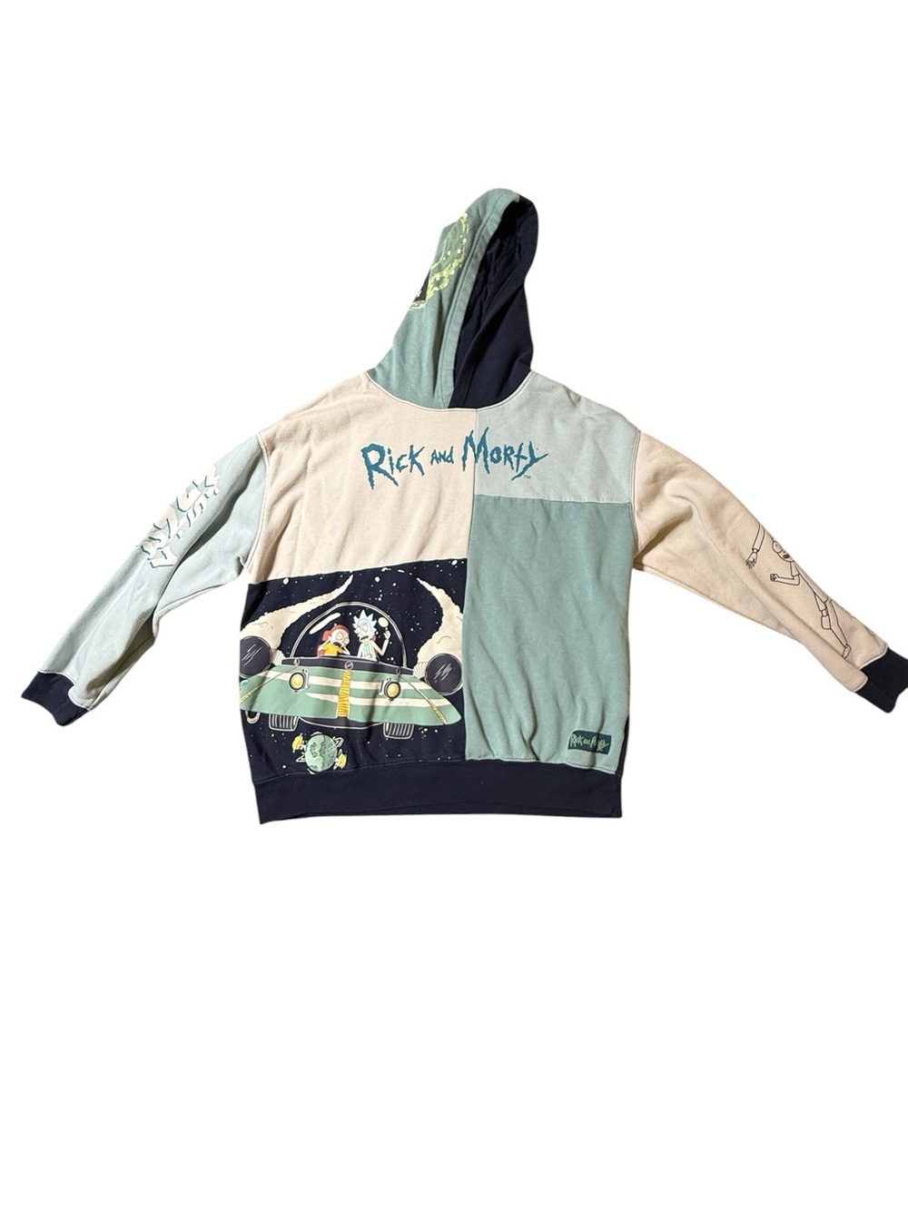 Rick and Morty XL Patchwork Hoodie Colorblock Space Cruiser Graphic Adult Swim